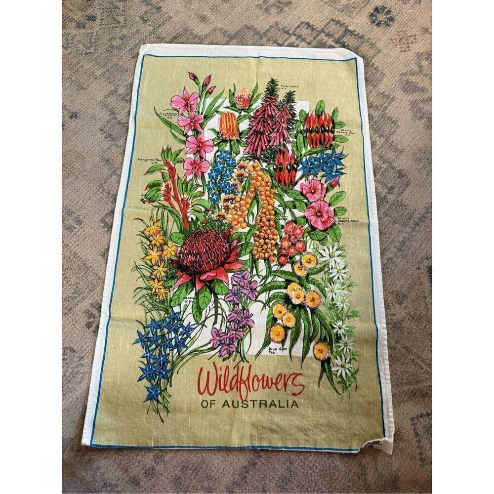 Rosy Kitchen Australian Wildflowers Print Linen Cotton Tea Towel